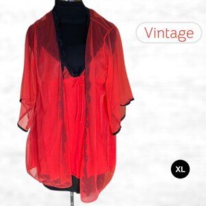 Vintage Red and Black Lace Trim Babydoll Negligee Set Size Large